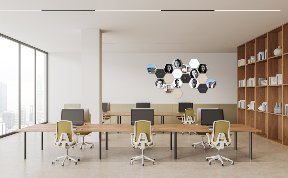 Shapes muurdecoratie in een kantooromgeving - moderne hexagon fototegels voor een stijlvolle en inspirerende werkplek.