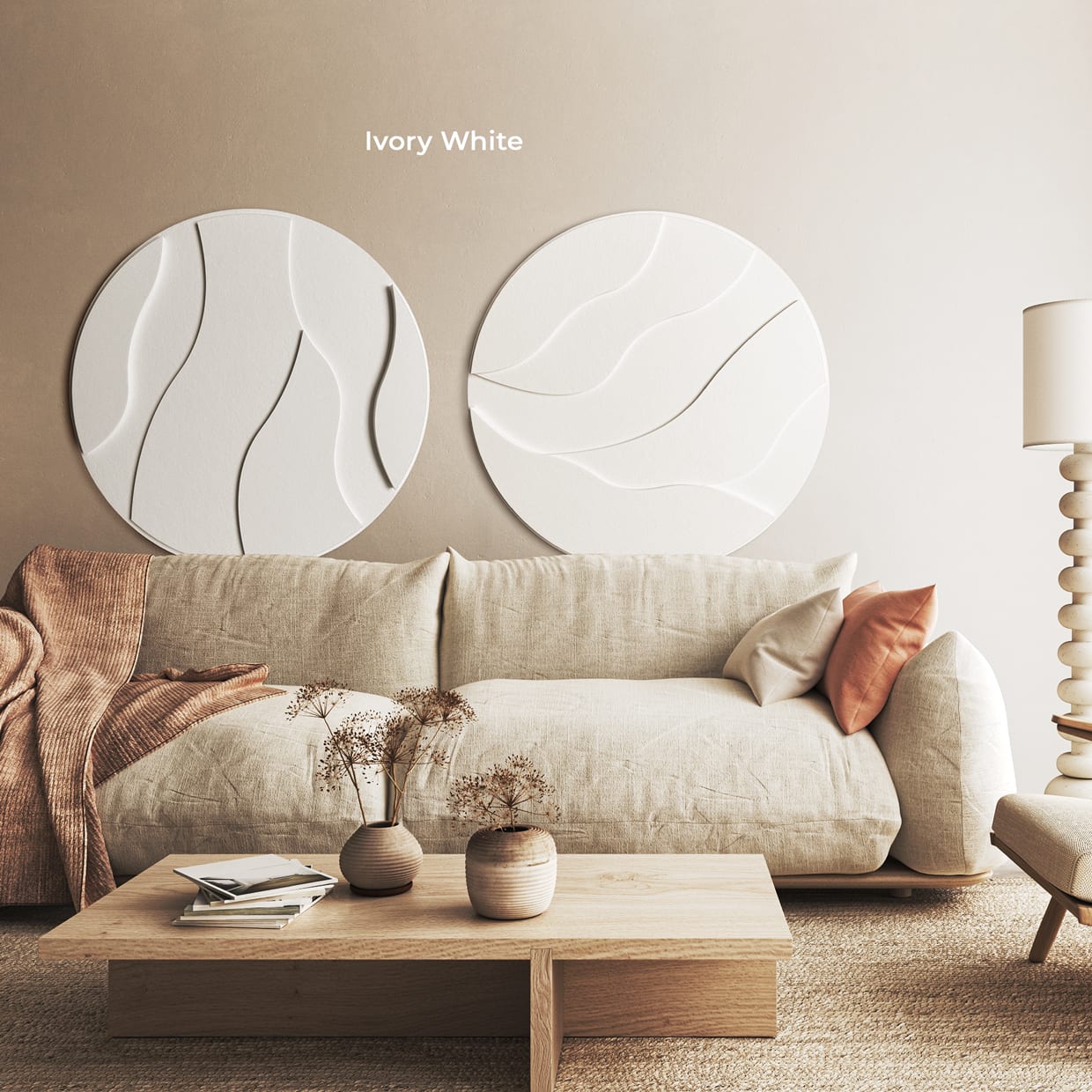 Twee Ivory White Vilt Art Rond als kunst in kamer