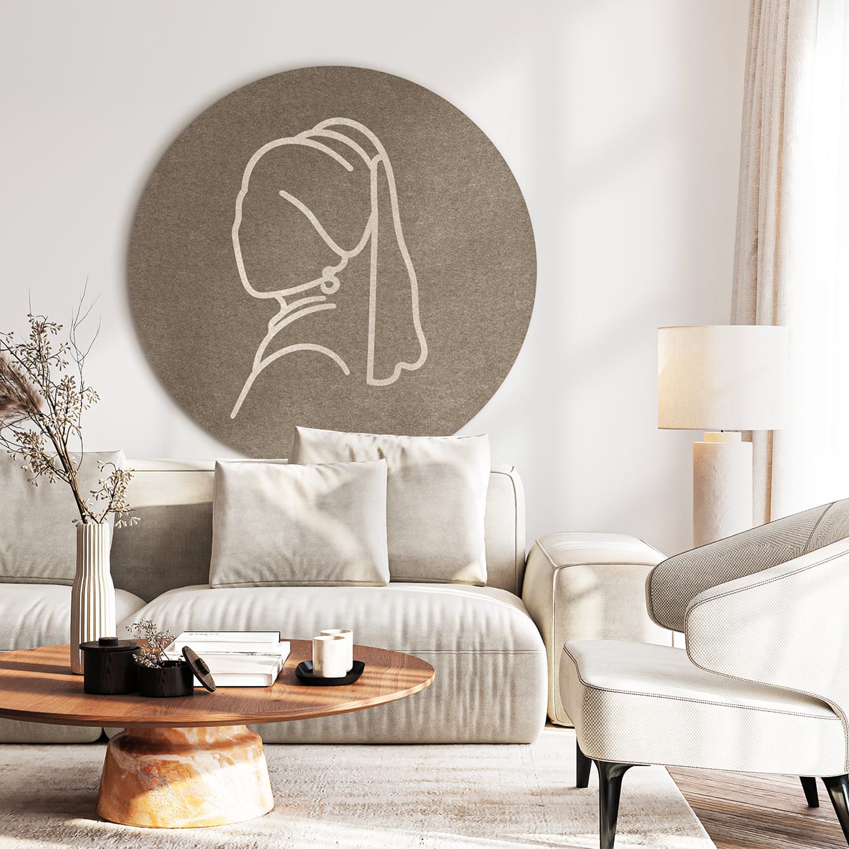 Een Water Chestnut met Stone Taupe accent Contrast Vilt Art als kunst in kamer