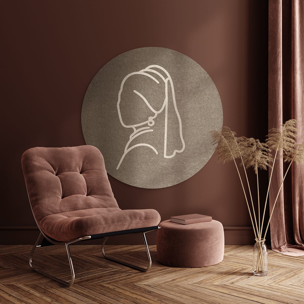 Een Stone Taupe met Water Chestnut accent Contrast Vilt Art in een donkere kamer